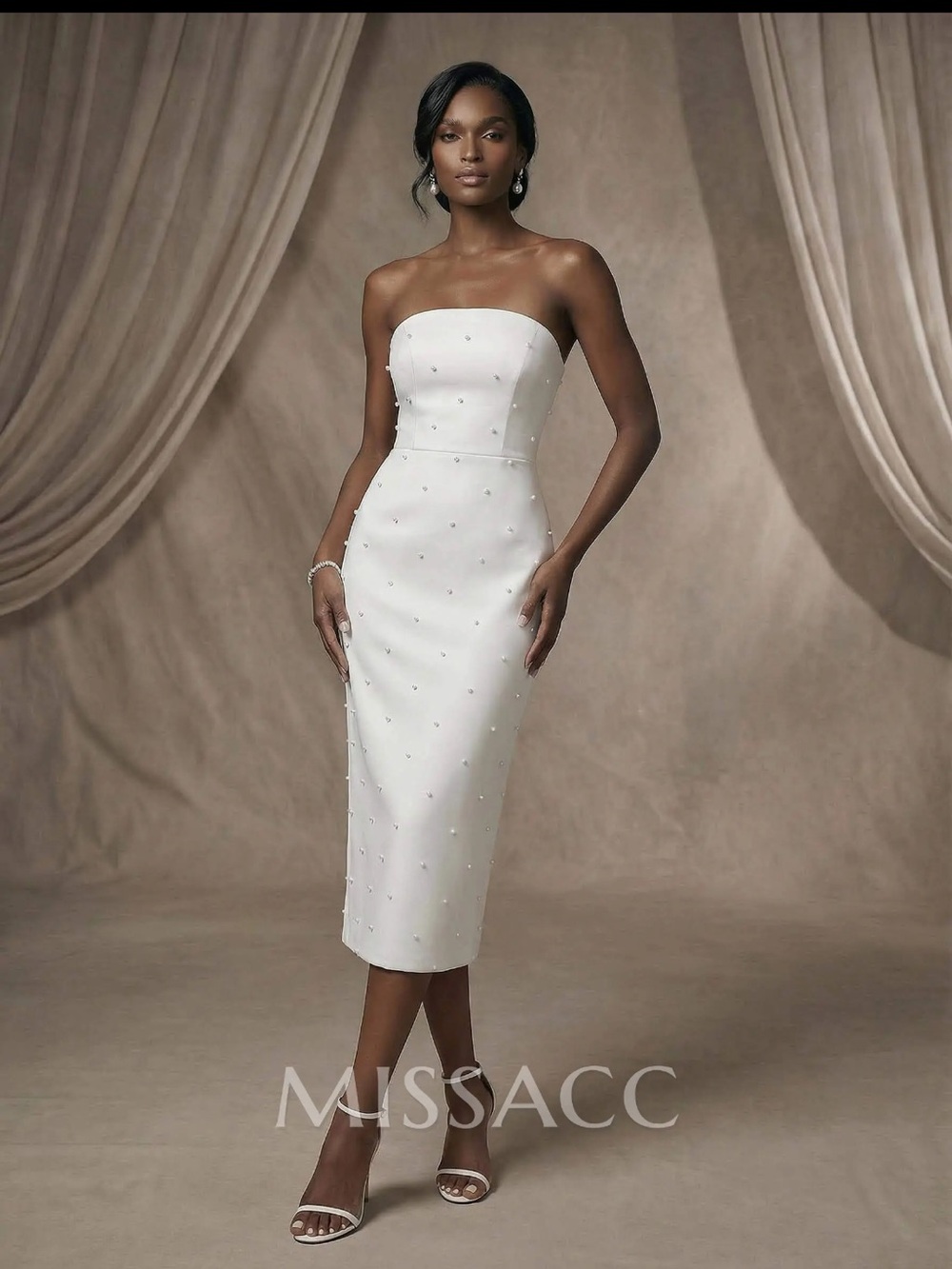 Strapless Pearl-Embellished White Sheath Wedding Dress by